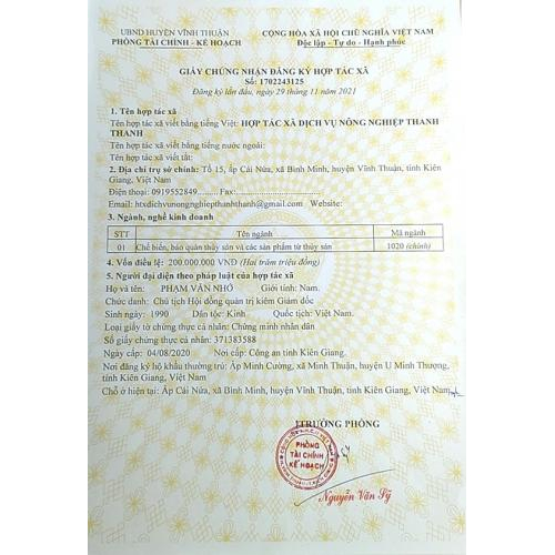 Giấy Chứng Nhận Đăng Ký HTX Thanh Thanh