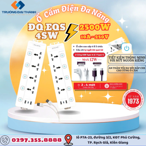 Ổ Cắm Điện Đa Năng ĐQ EQS 4SW 3U (4 lỗ 3 chấu, 2A 1C, màu trắng)